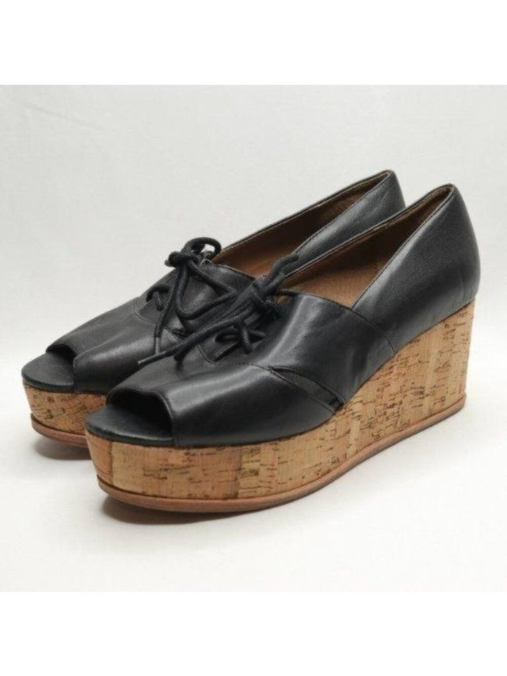 Anthropologie Fiel Women's 8.5 Black Leather Lace Up Platform Open Toe Oxfords View 3